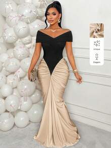 AIJ Amarilo Black & Apricot Patchwork Sexy Off-Shoulder Ruffle Asymmetric Pleated Waist Fitted Elegant Party Maxi Dress, Made Of Stretchy Knit Fabric, Suitable For New Year, Valentine's Day, Graduation Ceremony, Prom And Spring And Summer New Women's Clothing - 卡其色 - 查看 3