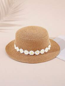 1顶女童3-6岁防晒平沿雏菊蕾丝草帽，春夏两季日常旅行皆宜 - 1PC - 查看 2