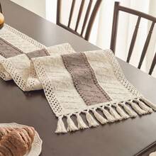 Macrame Table Runner Cream Beige And Blue Boho Table Runners With Tassels Hand Woven Cotton Table Runner Rustic Farmhouse Table Runners For Bohemian Kitchen Dining Table - Camel - View 3
