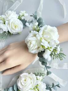 1pc/6pcs Artificial Ivory Rose Flower Bride Wrist Corsage Bridesmaid Sister Women Hand Flowerwedding DIY Flowers Party Deocration