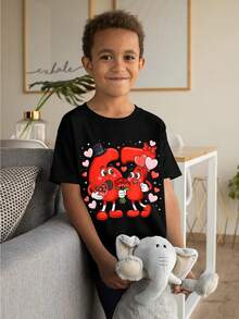 Boys' Fun Valentine's Day 67 Meme T-Shirt - Six Seven Love Number Design, Retro Casual Short Sleeved Children's Clothing, Preferred Birthday Gift, Comfortable Wearing For All Seasons (Valentine's Day Dress Up) - 黑色 - 查看 2