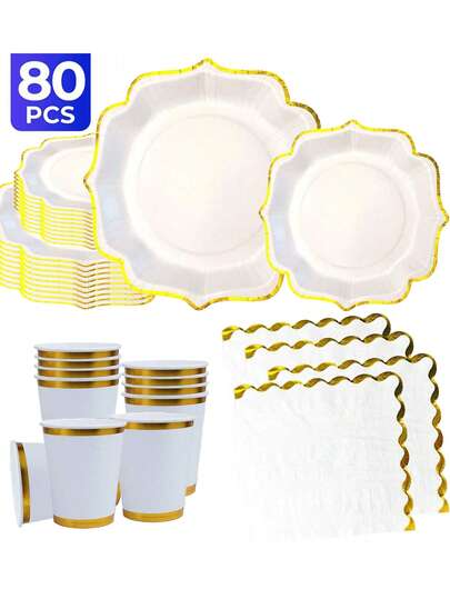 Party Theme 20/40/60/80 Disposable Tableware Set, Including 7-Inch Paper Plates, 9-Inch Cardboard, 9-Ounce Cups, Napkins, Suitable For Daily Gatherings, Birthday Parties, Bridal Showers, Baby Showers, Clubs, Weddings, Tea Parties, Picnics, Outdoor Outings, And Themed Parties. Kitchen And Dining Room Decoration