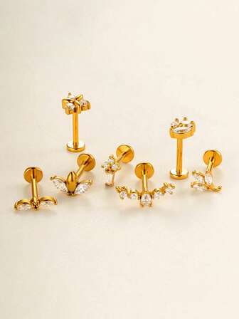 Toppiercing 1pc Vintage High-End Zirconia Stainless Steel Internally Threaded Flat Base Labret Stud Earring, Fashion Piercing Jewelry