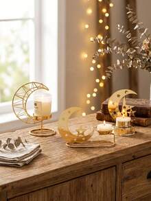 1 peça de castiçal nórdico de metal para decoração de mesa, ideal para decoração com tema Lomo - Castiçal elegante de ferro, perfeito para decoração de casamentos, casa, quarto, cozinha e sala de jantar, formato de lanterna com estrela e lua, decoração com tema Lomo - Multicolorido - Ver 2