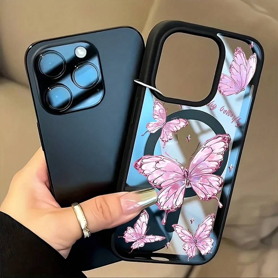 Funda de Teléfono Mariposa Rosa, Compatible con Carga Inalámbrica, Resistente a Impactos, Funda Magnética con Sensación de Piel, Compatible con iPhone 17 Pro Max/17 Air/16/15/14 Plus/13/12/11 Galaxy A56/A55/A54/A36/A35/A26/A25/A16/A15/A06/S25 Ultra/S24 FE/S23 Plus/S22, Estuche de Carga Inalámbrica, Estuche de Teléfono Minimalista, Cubierta de Inspiración Natural, Fijación Magnética Ajustada XUHF - Multicolor - Ver 1