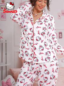 Pajamoom Sanrio 2 Pieces Women's HelloKitty,Hello Kitty Pajamas,Sanrio Pajamas,Red&White,Cherry&Letter Print,Long Sleeved&Pants Sleepwear,Cute Sleep Set,Loungewear Set - Red and White - View 2