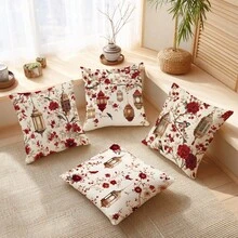 4 piezas Fundas de cojín con diseño floral rojo vintage para Ramadán Kareem, material de terciopelo melocotón suave impreso por un solo lado, 45*45CM, fundas de almohada para decoración de habitación, sofá interior, sala de estar, decoración de fiesta, regalo decorativo