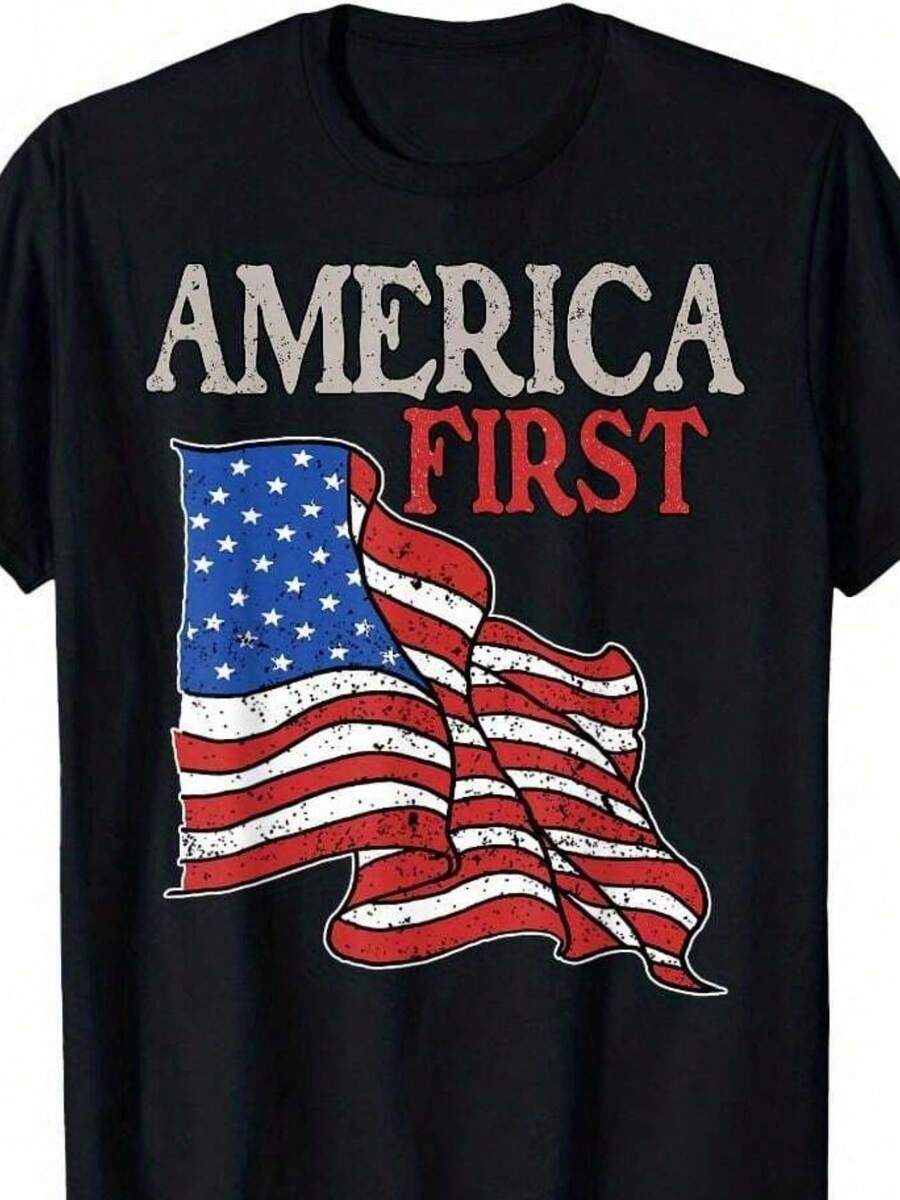 America First USA American Patriot Flag Memorial Day Vintage T-Shirt - 黑色 - 查看 1
