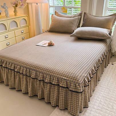 波西米亚风格子荷叶边床裙三件套（1条床裙+2个枕套），优雅清新田园风，适用于双人床/单人床，卧室床上用品，四季皆宜