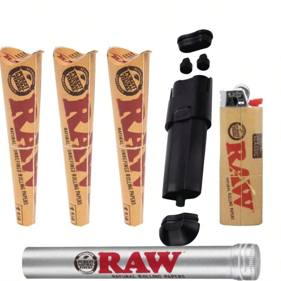 RAW 1 1/4 Cones 18ct + Double Shot Filler + Smell-Proof Tube + BIC Lighter Kit - 如圖所示 - 查看 1