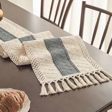 米色、浅蓝色波西米亚风流苏桌旗，手工编织棉质桌旗，乡村农舍风格，适合波西米亚风格的厨房和餐厅。 - 灰色 - 查看 2