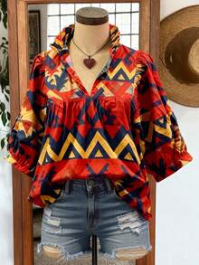 Vestido casual de vacaciones para mujer: Estampado geométrico con volante en el bajo, mangas farol, escote en V, corte holgado para verano - Rojo - Ver 1