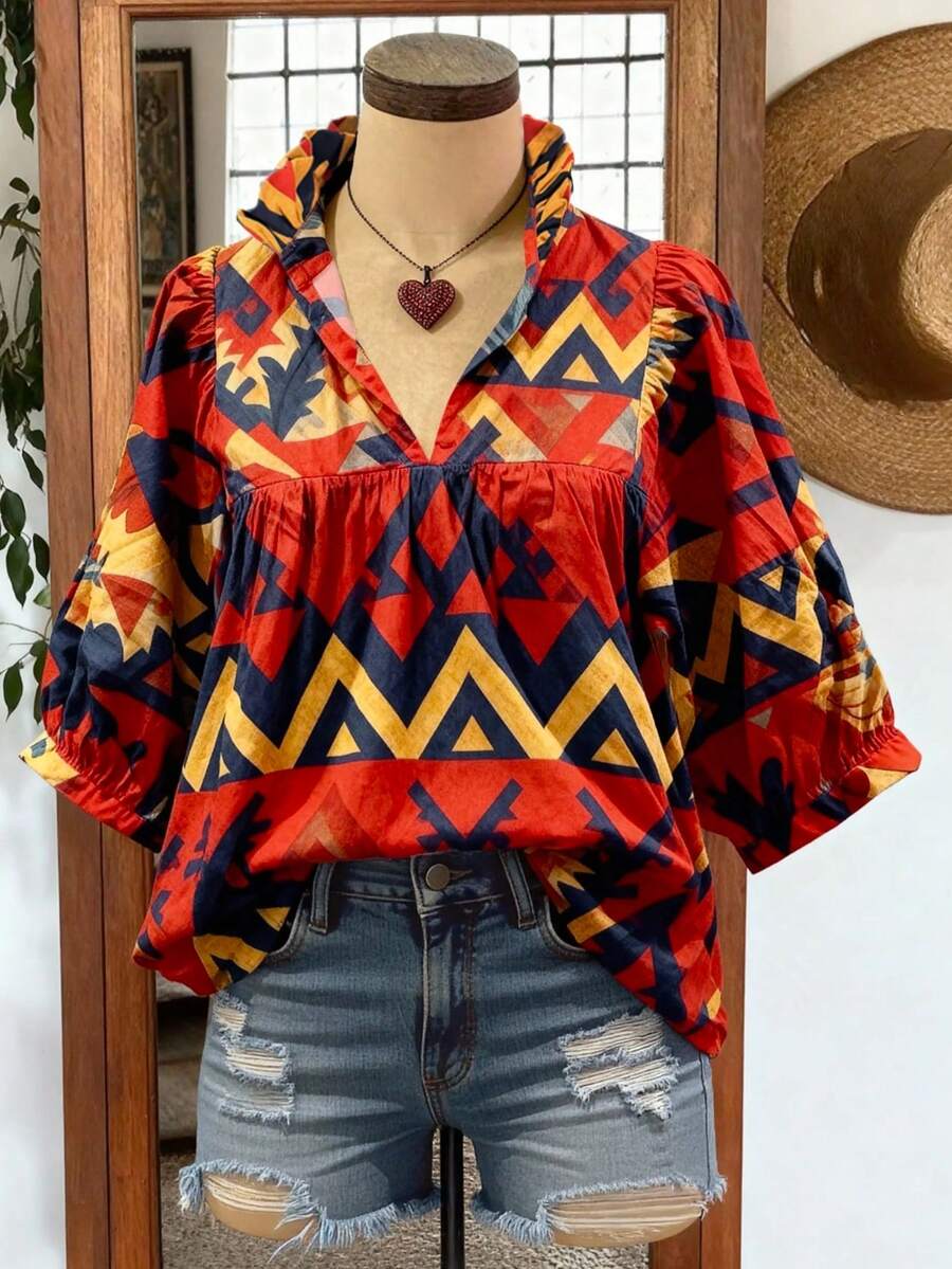 Vestido casual de vacaciones para mujer: Estampado geométrico con volante en el bajo, mangas farol, escote en V, corte holgado para verano - Rojo - Ver 1