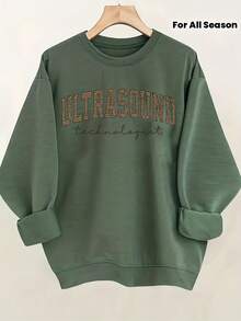 Women'S Ultrasound Technologist Text Hoodie - Soft Round-Neck Pullover Sweatshirt With Slogan Print, All-Season Comfort, Casual Workwear For Sonography Professionals, Long Sleeve Round-Neck Design, Ideal Gift For Ultrasound Techs, Hospital Attiregifts For Mom-Free Shipping - 淺綠色 - 查看 2