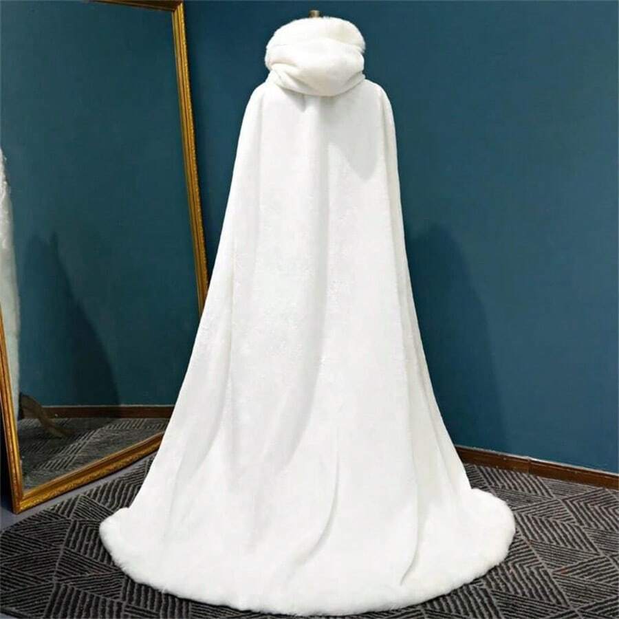 1pc Extra Long & Thick White Warm Soft Faux Rabbit Fur Bridal Shawl Wrap, Hooded Faux Fur Cloak Cape For Outdoor, Photography Studio - 彩色 - 查看 1