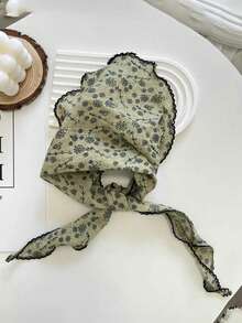 1pc Women's Triangular Scarf Neck Gaiter, Floral Print Fashion Versatile Headwear, Spring - Green - View 3