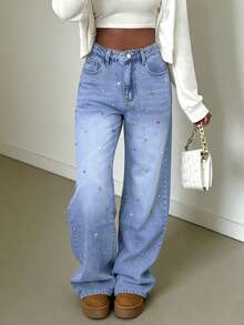女士浅蓝色水洗水钻装饰宽松阔腿Y2K风格魅力派对休闲牛仔裤 - 淺色水洗藍 - 查看 2