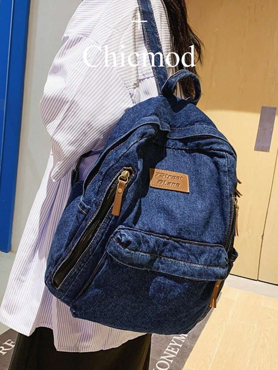 Ransel Wanita dengan Resleting dan Emblem Huruf, Ransel Denim Ringan dengan Motif Cuci, Ransel Kasual Modis Warna Solid untuk Aktivitas Luar Ruangan, Tas Laptop Kapasitas Besar, Tas Sekolah Serbaguna Gaya Kampus, Cocok untuk Mahasiswa, Siswa SMP, Belanja, dan Membawa Dompet