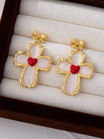 1 par de pendientes de estilo medieval vintage, elegante cruz con corazón, lindos pendientes con encanto de lazo, pendientes personalizados únicos para días festivos