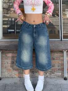 Y2K 街头风七分阔腿斜插口袋水洗牛仔裤，舒适宽松百搭休闲旅行秋季机场牛仔裤，女士夏季款 - 藍色 - 查看 4