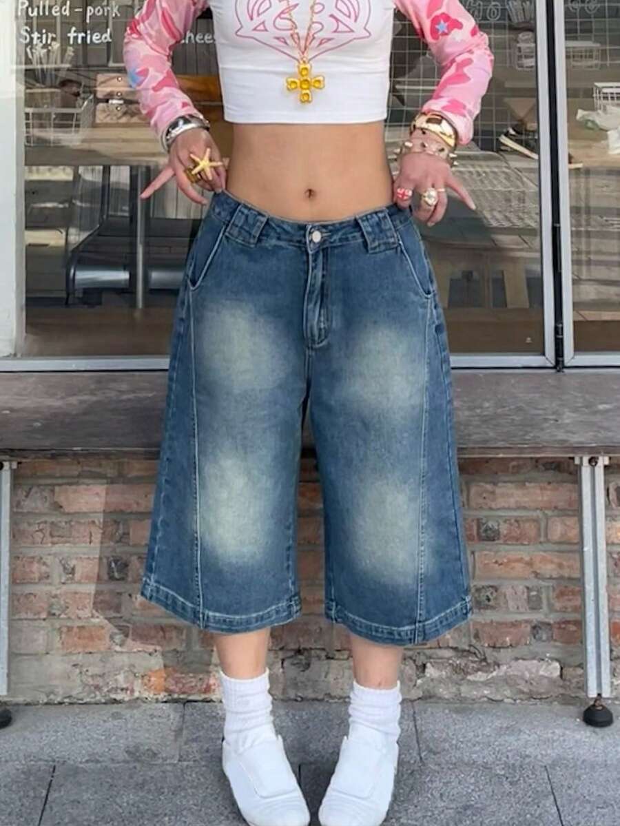 Pantalones capri de estilo callejero Y2K con piernas anchas, bolsillos en diagonal, jeans lavados, cómodos y holgados para todo uso, casuales y de viaje, perfectos para el aeropuerto en verano - Azul - Ver 1