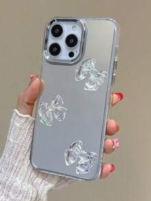 奢华3D激光蝴蝶结化妆镜手机壳，兼容 17 Pro Max、17 Pro、16 Pro Max、15、14 Pro、13、12 Pro、14、16 Plus、17 Air、11、13，电镀亚克力防震保护套 - 銀色 - 查看 3