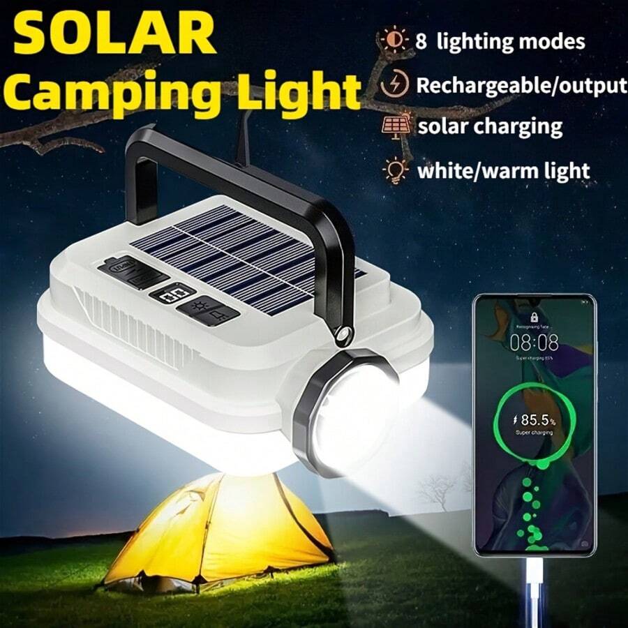 Portable Ultra Bright Multifunctional Solar Flashlight, High Lumen Handheld Flashlight, Built-In 2400mAh Lithium Battery With Hidden Hook, Long-Lasting Battery Life, 8 Lighting Modes, Suitable For Power Outage Emergency, Mobile Phone Charging, Camping, Mountain Climbing, Fishing, Halloween Party Gifts, Christmas Gifts, Surprise Gifts - 冷白色 - 查看 1