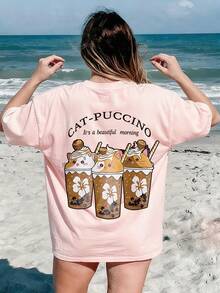 1pc Girls Casual Printed Round Neck Short Sleeve T-Shirt, Summer Student Young Children Clothing - The T-Shirt With Mountains And Seas Characters Print Brings Joy And Happiness To Every Child! CAPPUCCINA BALEERINA - Pink - View 1