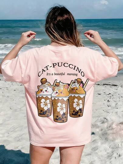 1件女童休闲印花圆领短袖T恤，夏季学生童装 - 这款印有山海图案的T恤为每个孩子带来欢乐！ CAPPUCCINA BALEERINA