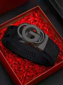 1pc Men's High-Quality Leather Belt With Letter Buckle, Embossed Plaid Pattern, Versatile For Business And Casual Wear, Fashionable And - Multicolor - View 6