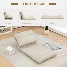 Folding Floor Chair With 6-Position Adjustable Backrest, Thick Seat Cushion, Bed Function, Linen Look, 70 X 41 X 56 Cm, Beige - Apricot - View 4
