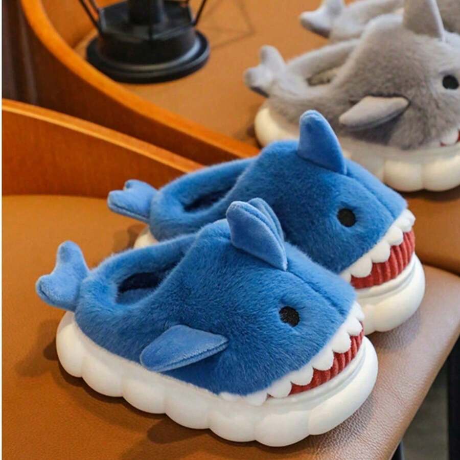 1 Pair Cartoon Shark Pattern Plush Slippers, Cute And Unique, Suitable For Autumn/Winter, Warm And Comfortable Indoor Wear, Personalized Plush Slippers For Bedroom And Bathroom, Ideal Gift For Back To School, New Year, Valentine's Day Couples,Shoe,Spring Summer Picks,Brides Maid Gifts,Room,Bedroom Decor,Beach,Travel,For Men,For Women,Vacation - Multicolor - View 1