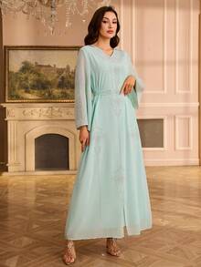 Rhinestone Embellished V-Neck Long Dress, Elegant Formal Gown With Long Sleeves - Mint Green - View 5