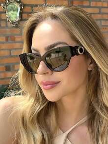 1pair Women's Vintage Cat Eye Fashion Glasses Black Sunnies Chain Sculpted Decor Wide Leg Shades Futuristic Street Eyewear Accessories - Multicolor - View 10