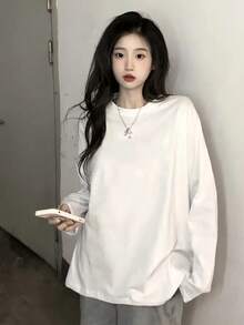 娇小女士休闲圆领纯色百搭简约宽松棉质长袖 T 恤上衣 - 白色 - 查看 5