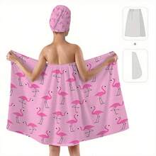 1/2件套火烈鸟图案高品质浴袍套装，1件柔软浴袍+1个吹风帽，粉色友好浴巾礼品，浴室必备，家居用品 - 彩色 - 查看 2