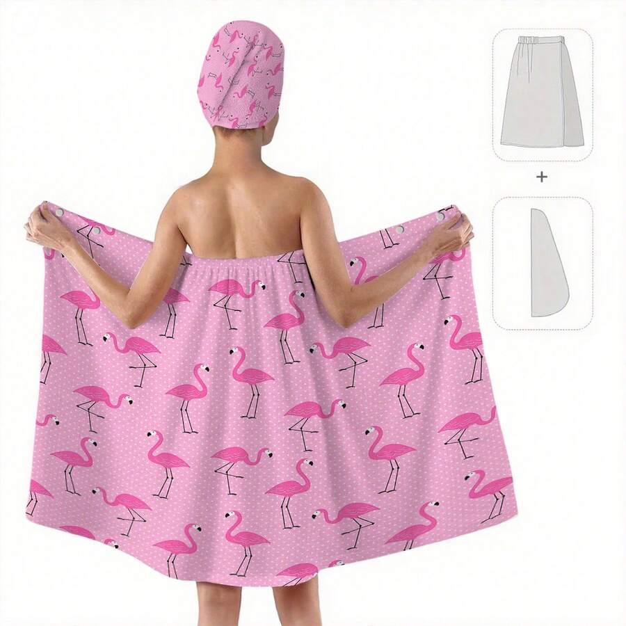 1/2件套火烈鸟图案高品质浴袍套装，1件柔软浴袍+1个吹风帽，粉色友好浴巾礼品，浴室必备，家居用品