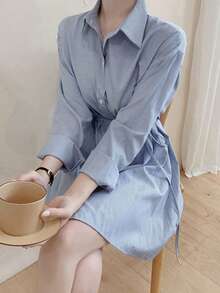 Vestido corto de mujer Vestido camisero de rayas para mujer, de largo medio, versátil y exclusivo, con cinturón y manga larga - Azul - Ver 6