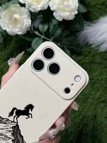 1pc Matte Beige TPU Shockproof Painted Mountain & Horse Pattern Phone Case Compatible With IPhone 15 Pro Max/16 Pro Max/17 Pro Max