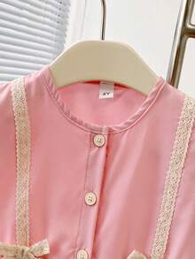 2 pezzi/set Completo estivo casual da ragazza con top a canotta con collo rotondo e fiocco decorativo e pantaloni a gamba ampia con volant, vestibilità morbida - Rosa - Visualizzare 3