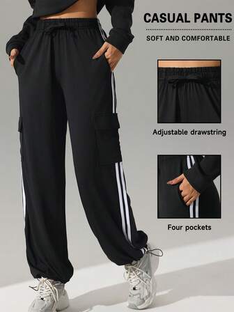 Plus Size Women High Waist Pocket Sweatpants, Loose Cargo Pants With Side Stripe, Drawstring Hem Straight Leg, Suitable For Running, Fitness, Yoga