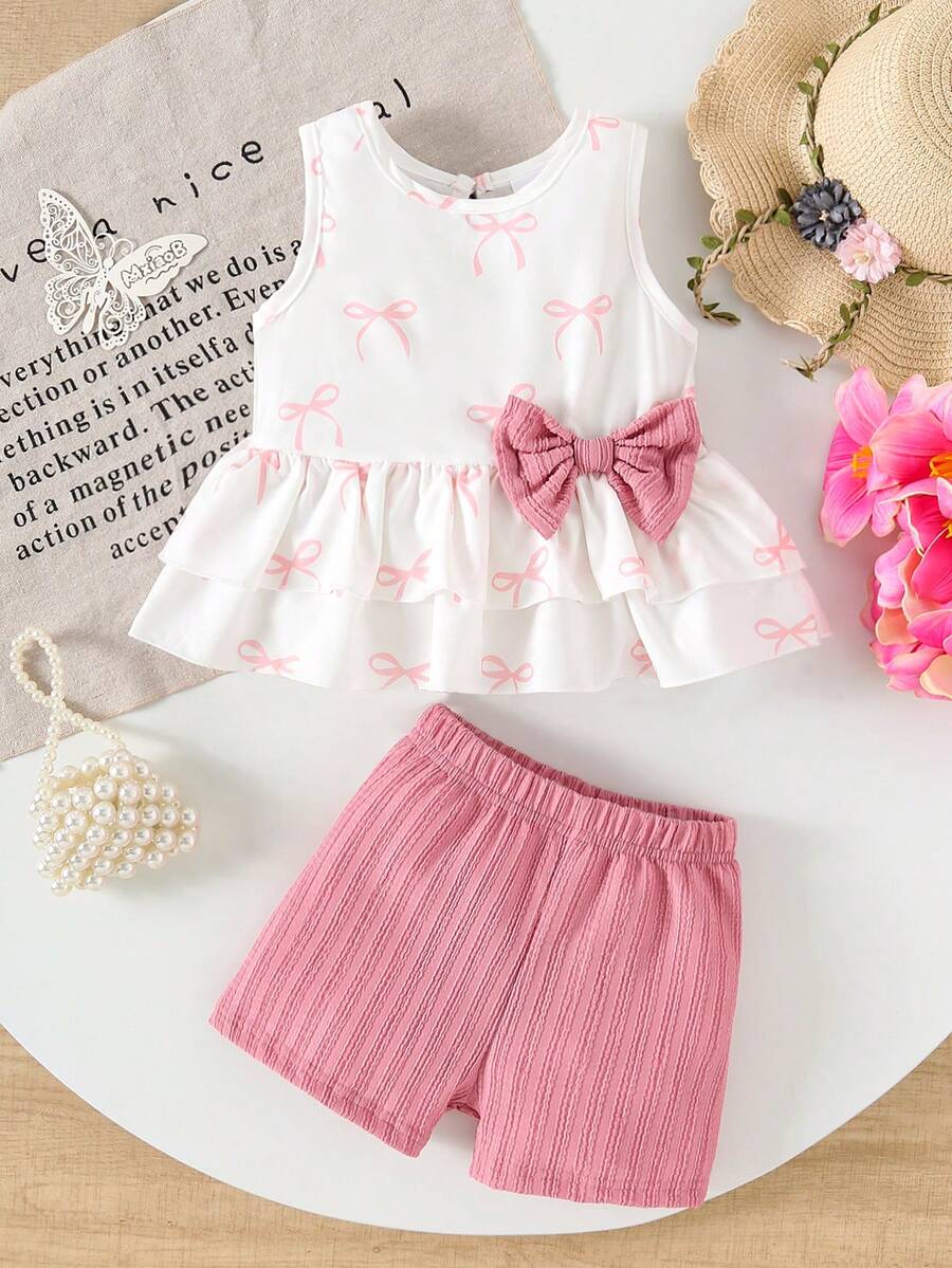 2 peças/Conjunto Casual Doce de Meninas Bebê com Estampa de Laço, Regata com Laço + Shorts Jacquard Confortáveis, Conjunto de Verão para Férias - Rosa chiclete - Visão 1