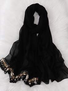 1 Stück Damen Chiffon Muslimischer Hijab Schal mit schwerem Spitzen-Pailletten-Farbverlauf-Muster - Verschiedenfarbig - Übersicht 4