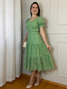 Women's 3-Marias Midi Dress In Elegant Cotton Lace With Belt And Ruffled Hem - Casual Fashion - For Dating Or Weddings - 薄荷綠 - 查看 4