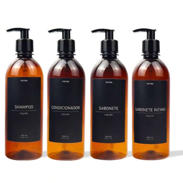 kit Banho Frasco Âmbar  4pçs Shampoo Condicionador Sabonete líquido e Sabonete íntimo Dispenser 500ml