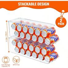 Paquete de 2 organizadores de latas de soda para refrigerador apilables latas de comida enlatada dispensador de latas con tapa para nevera congelador contenedores de almacenamiento - Claro - Ver 3