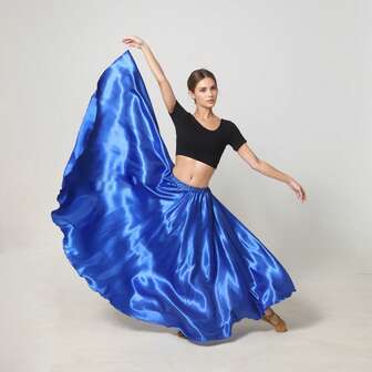 1pc Women's 95cm Satin Long Dress, Elastic Waist, Suitable For Belly Dance, Princess Party, Cosplay, Dance And Other Occasions