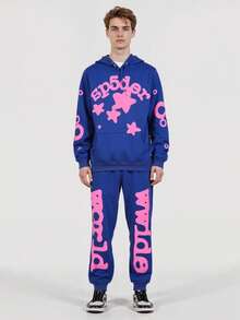 Fashion Street Hooded Set - Playful Star And Letter Print, Loose Casual Design,Y2K  Preferred Two - Piece For Daily Sports And Streetwear - 藍色 - 查看 4
