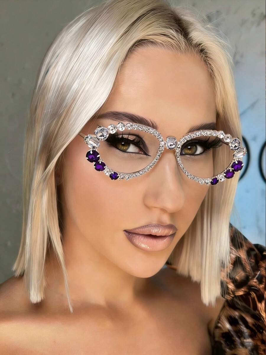 1pc New Rhinestone Eyeglass Frame Without Lenses, Funny Foldable Eyeglasses Frame