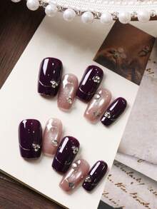 10pcs Acrylic Press On Nails Purple; Light Coffee Cat's Eye Star Fake Nails Short Office DailyWear False Nails Artificial Nails Kit Includes 1sheet Adhesive Tabs &1 Pc Mini File - Multicolor - View 2